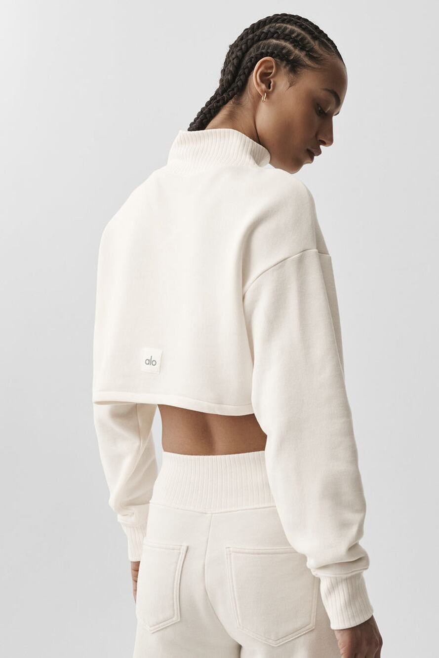 Alo Yoga Cropped Serenity Coverup Sweatshirt Ivory Ribbed Mock Neck Size Medium